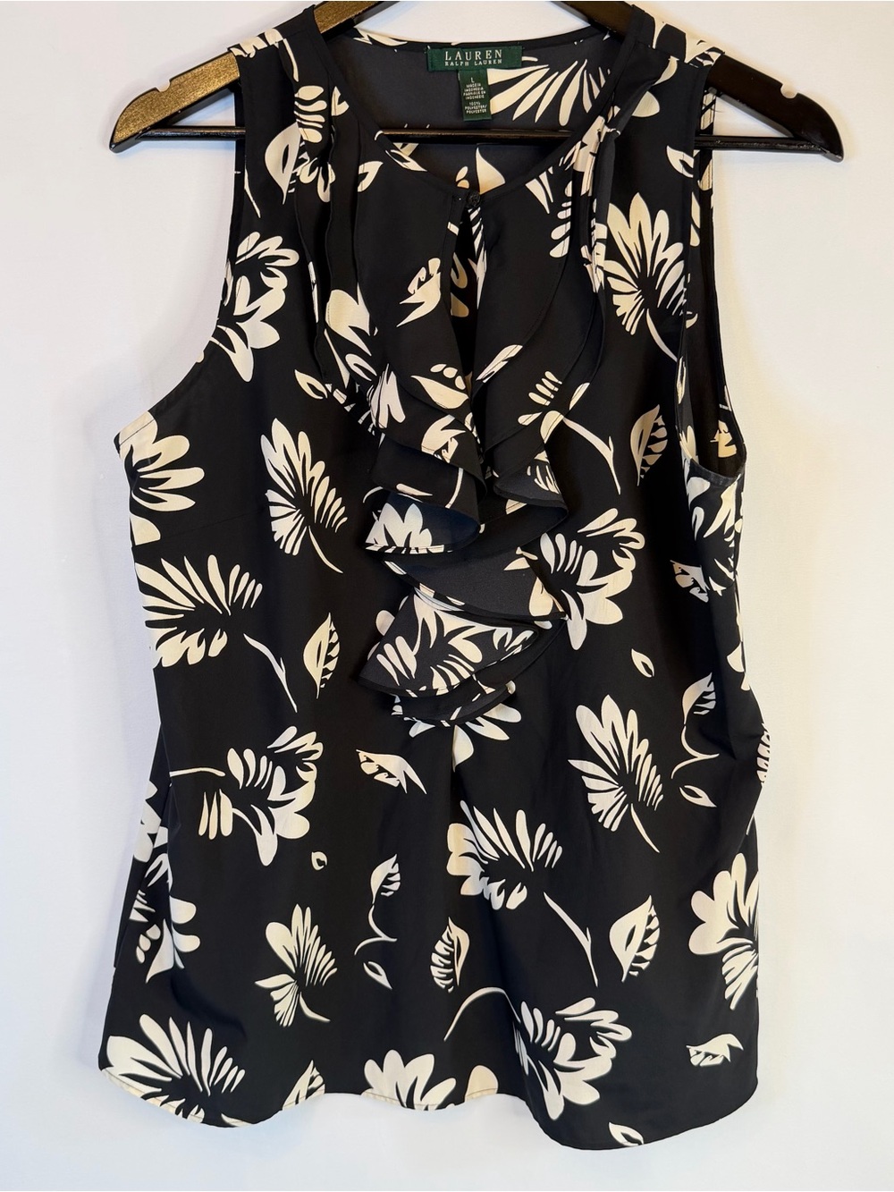 Lauren Ralph Lauren Womens Large Sleeveless Top Jabot Collar Ruffle Keyhole Palm